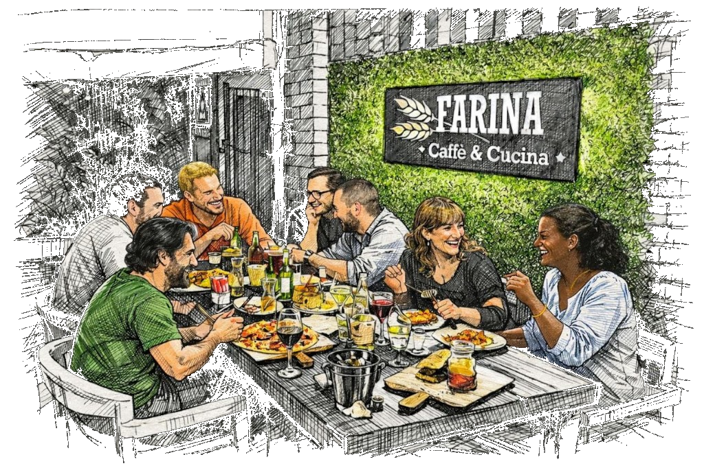 Friends sharing food and conversation at Farina